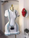 CM.YAYA Women Knit Ribbon Striped Short Sleeve V-neck Ruffles Mini Dress 2025 Summer Club Sexy Party Evening Dresses Vestidos