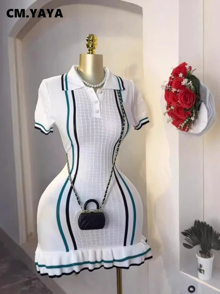 CM.YAYA Women Knit Ribbon Striped Short Sleeve V-neck Ruffles Mini Dress 2025 Summer Club Sexy Party Evening Dresses Vestidos