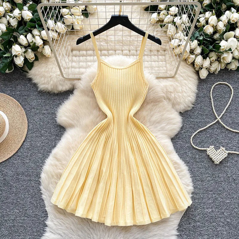 Joskaa 2026 Autumn Retro Striped Knit Dress Women Elegant Pleated Waist Slim Low Cut Sleeveless A-line Slip Dress Streetwear
