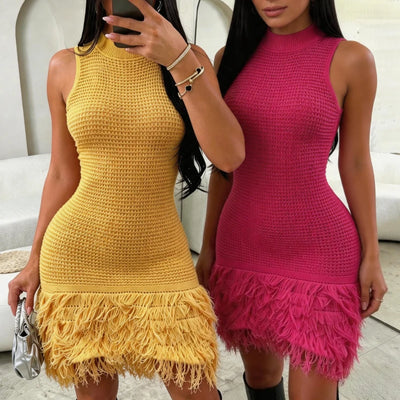 Women's Yellow Sleeveless Mock Neck Crochet Knit Fringe Sundress Bodycon Mini Dress Stretchy Summer Beach Party Club Outfits