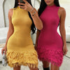 Women's Yellow Sleeveless Mock Neck Crochet Knit Fringe Sundress Bodycon Mini Dress Stretchy Summer Beach Party Club Outfits