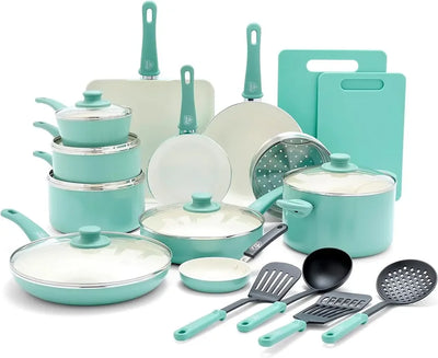 Teile Küchenkochgeschirr Töpfe und Bratpfannen Set mit Küchenutensilien, PFAS-frei, Spülmaschinenfest, Türkis