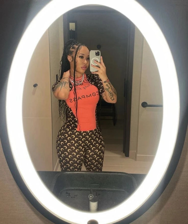 Stretch 2 Piece Set Women Short Sleeve T Shirt Tight Pants Moon Print Slimming Sportswear Sexy Base Fashion