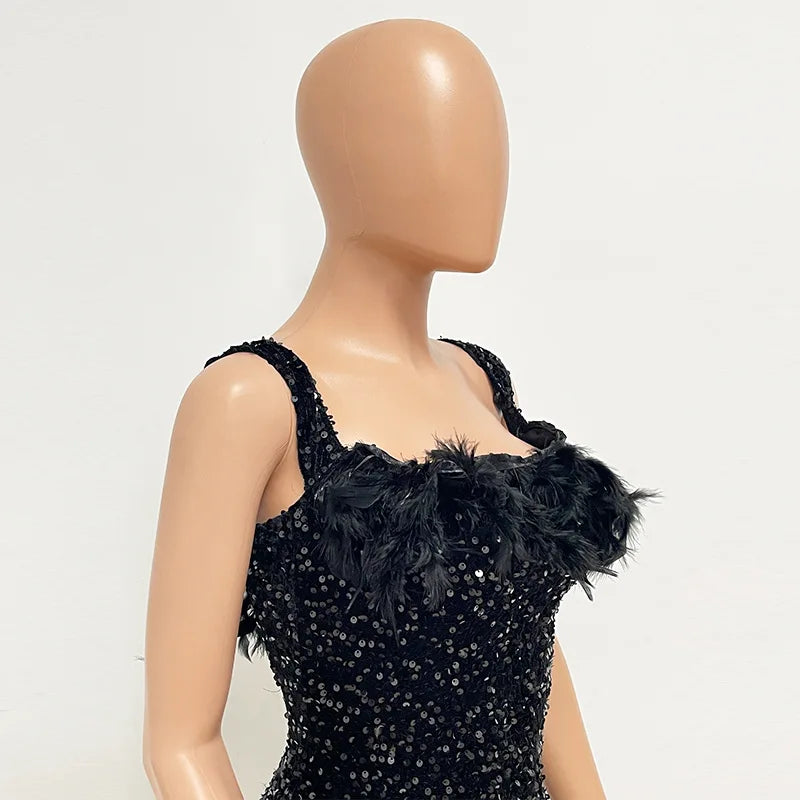 Damen Partykleid Ärmellos Glänzende Pailletten Feder Abendkleid Sexy schulterfrei rückenfrei Mini Formelle Ballkleider HXY8