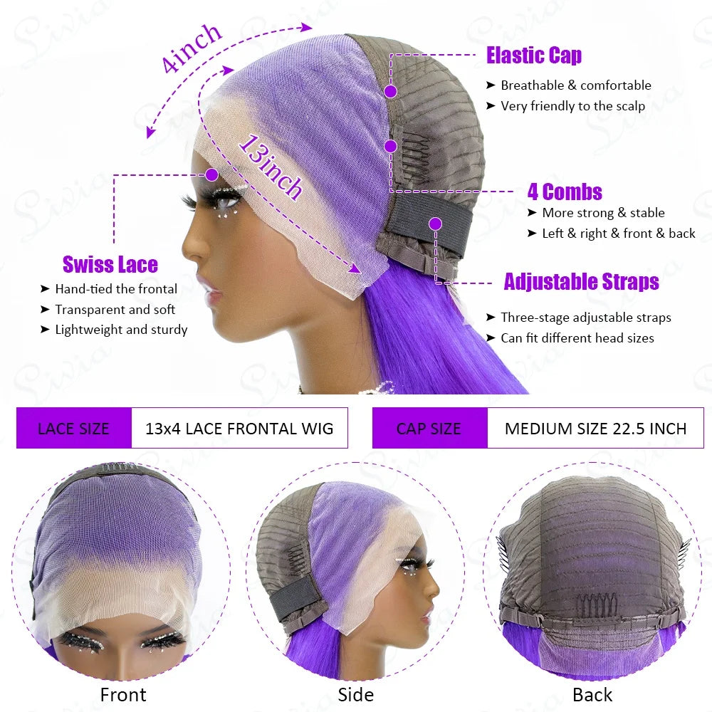 Purple Straight Bob Wigs Human Hair Preplucked Transparent Lace Frontal Wigs Brazilian 13x4 Short Bob Wigs 100% Human Hair Wigs