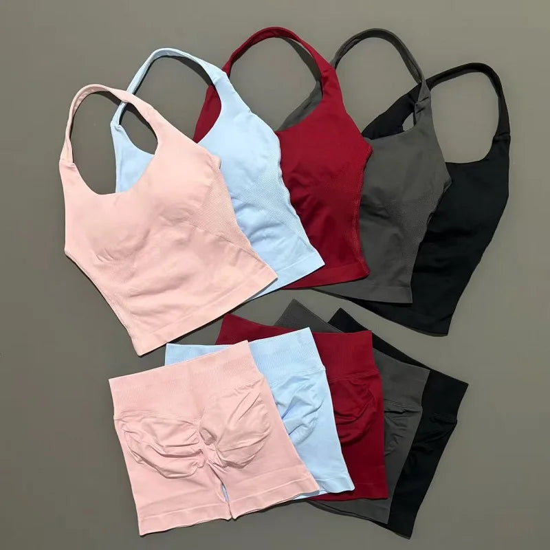 2 Pieces Sports Set Women Backless Halter Tops High Waist Seamless Hight Stretch Shorts Gym Suit Sportswear Workout Sets