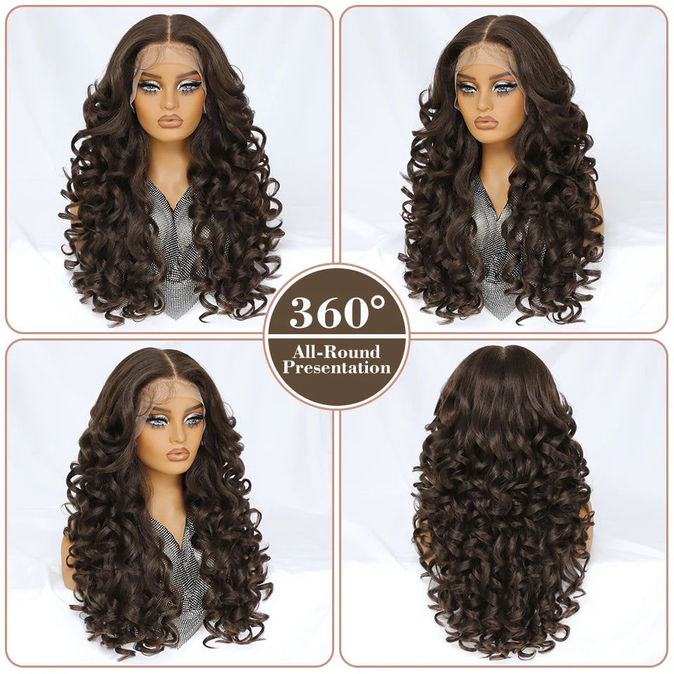 Latisha 13X6 HD Synthetische Spitzenfrontperücke lockig vorgezupfte Lace-Frontal-Perücke mit Pony für Damen, Highlights mit Babyhaar, 24 Zoll