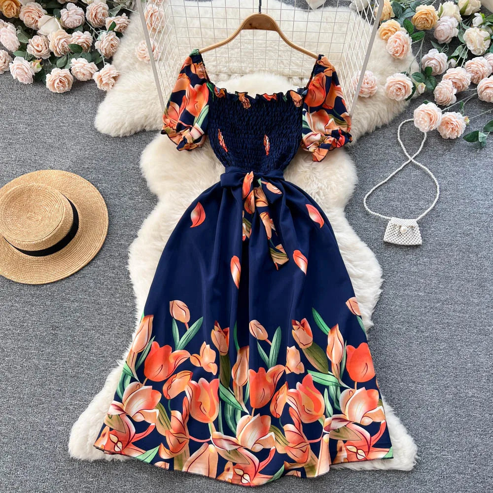 YuooMuoo Fashion Sommer Blumenmuster Langes Kleid Damen Vintage Eckiger Ausschnitt Geraffte Brust Schärpe Bandage Sundress Party Kleider