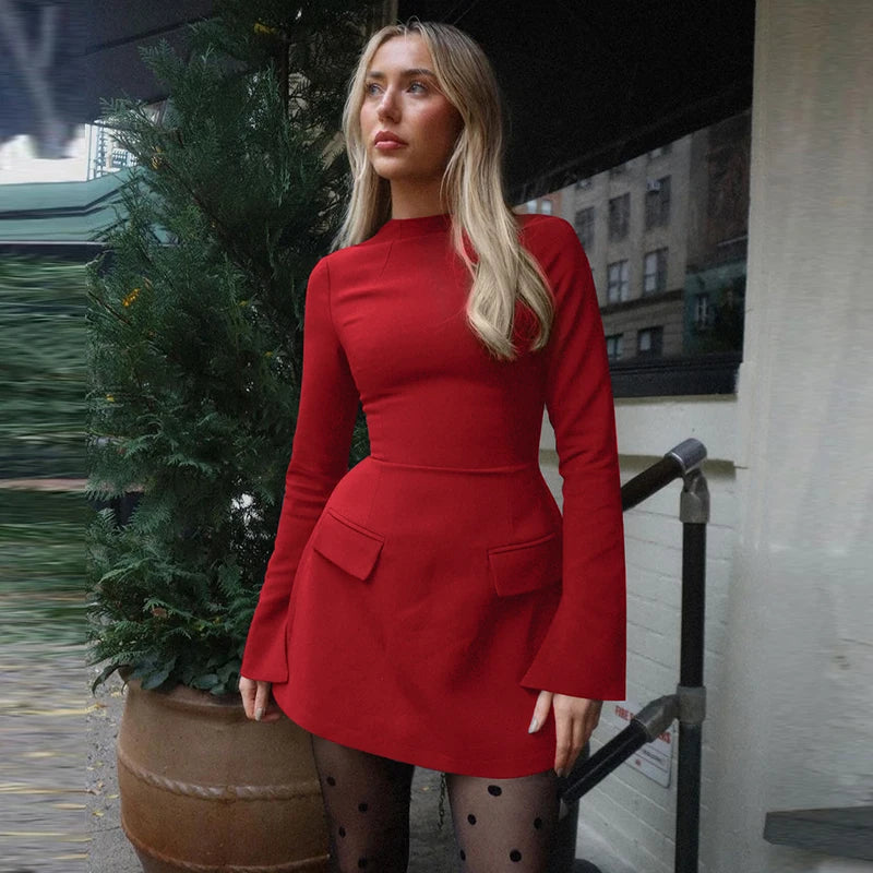 Hugcitar 2024 Frühling O-Ausschnitt Langarm Uni Patchwork Reißverschluss Sexy Bodycon Minikleid Damen Mode Outfits Geburtstagsparty Y2K