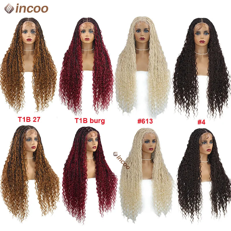 Boho Box Braided Wigs, gelocktes Kunsthaar, volle Lace-Front-Perücken für schwarze Frauen, Goddess Locs Braid Wig, Bohemian Box Braid Wig