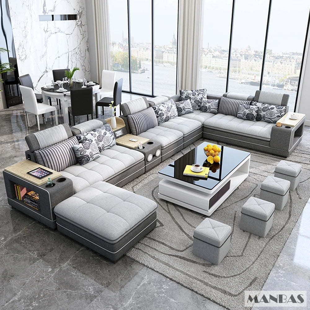 MINGDIBAO Nordische Stoff-Sofagarnitur mit Bluetooth-Lautsprecher & USB – Modernes Modulares Wohnzimmer-Sofa, Großes U-förmiges Ecksofa aus Stoff