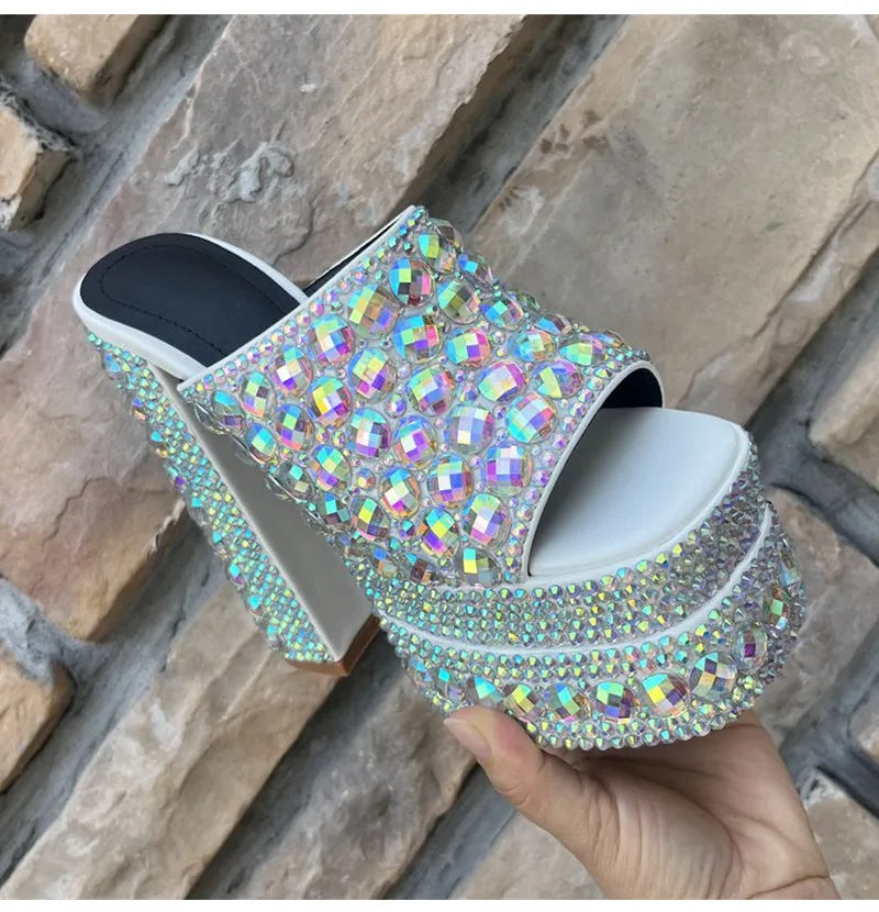 Luxuriöse handgefertigte Plateau-Keilsandalen mit Vollstrassteinen für Damen, modische Sommer-High-Heels, Pantoletten, klobige Schuhe