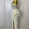 Stock 2025 Women Sexy Sparkly Rhinestone Mesh Feather Long Dress Elegant Evening Party Celebrate Birthday Performance Costume