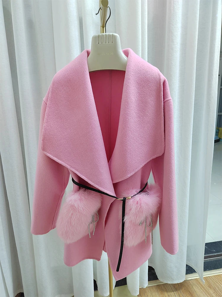 2024 New Winter Real Natural Fox Fur Pocket Coat Ladies Outwear Female Coat Cashmere Wool Woolen Women Luxury Jacket