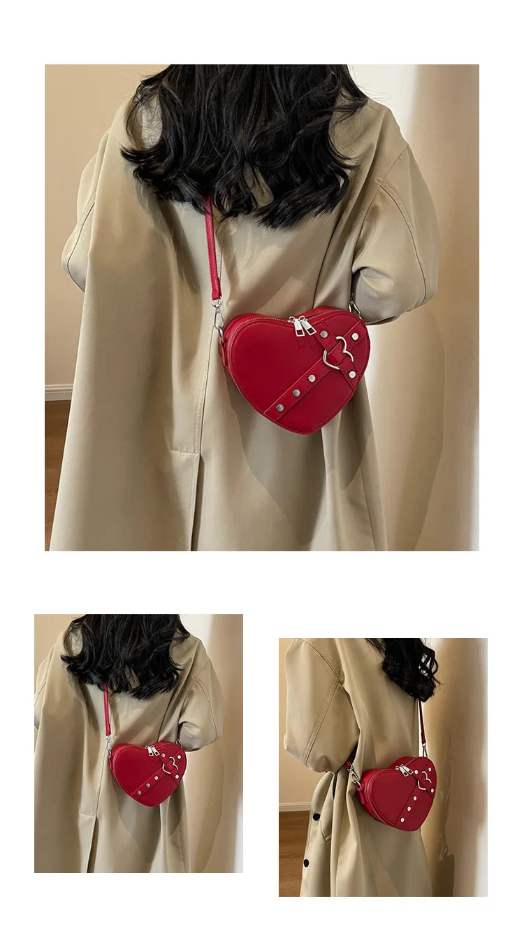 Vintage Y2K Kleine Kettennieten-Umhängetasche Herzförmige Geldbörse Handtasche Rotes PU-Leder Gothic Tote Bag Mode Frauen Umhängetasche