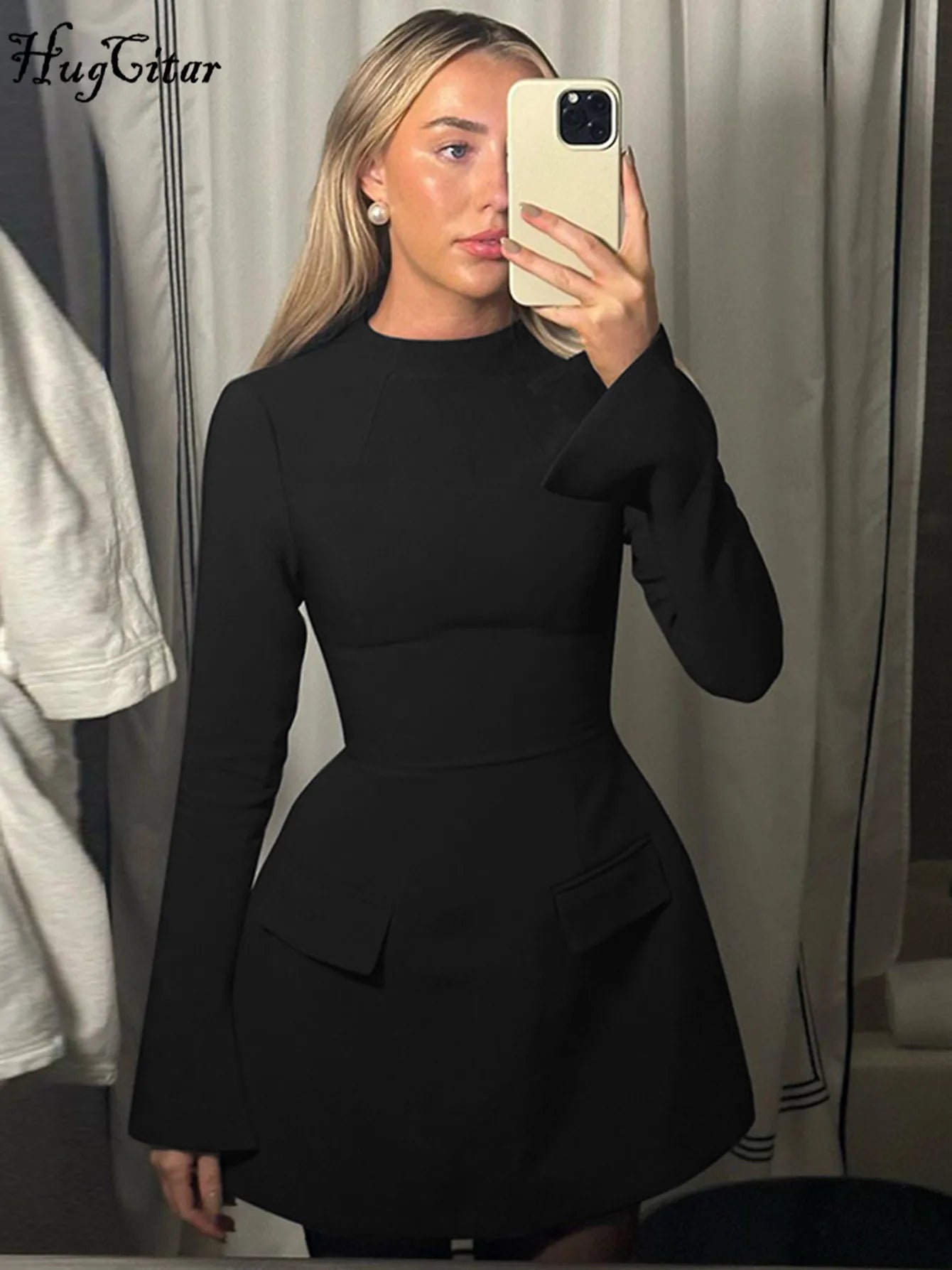 Hugcitar 2024 Frühling O-Ausschnitt Langarm Uni Patchwork Reißverschluss Sexy Bodycon Minikleid Damen Mode Outfits Geburtstagsparty Y2K