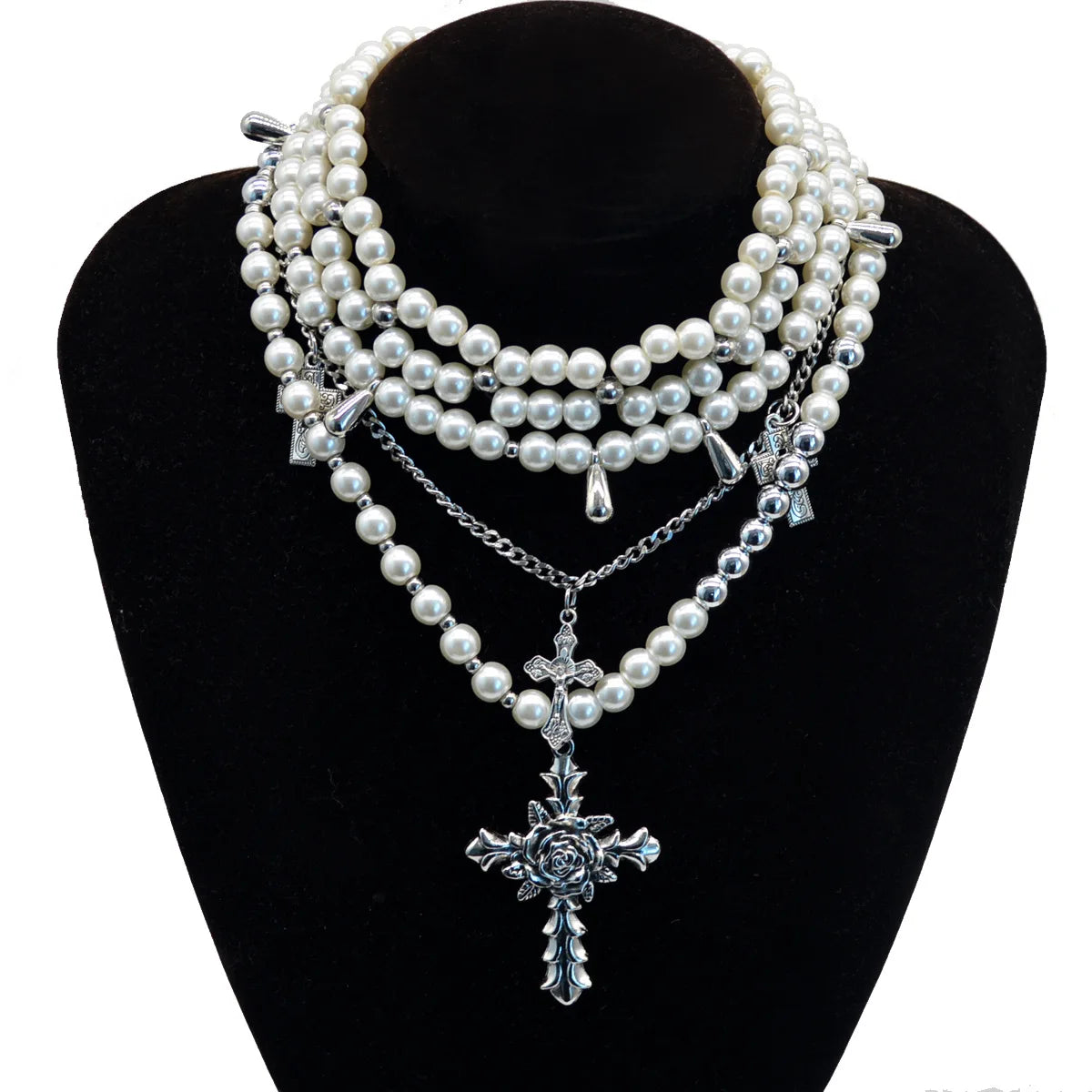 Goth Rosenblume Imitation Perlen Kreuz Anhänger Halskette für Frauen Mehrlagige Perlenketten Ästhetischer Vintage Luxus Schmuck