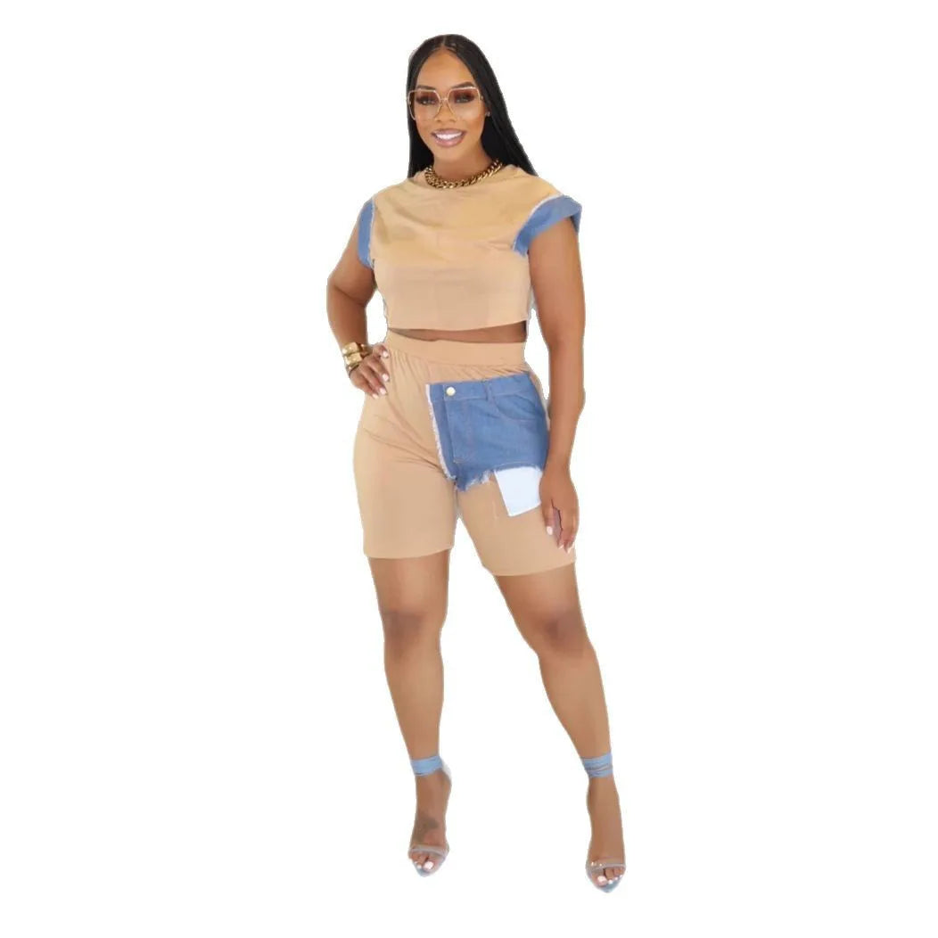 CM.YAYA Fashion Denim Patchwork Women's Set Sleeveless T-shirt and Shorts 2025 Active Street Two 2 Piece Sets Outfits Tracksuit