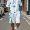 Fashion Men's Black and White Flower Graphic Print T-shirt Shorts 2-piece Set O-neck Short Sleeve Top Elastic Waist Shorts Set