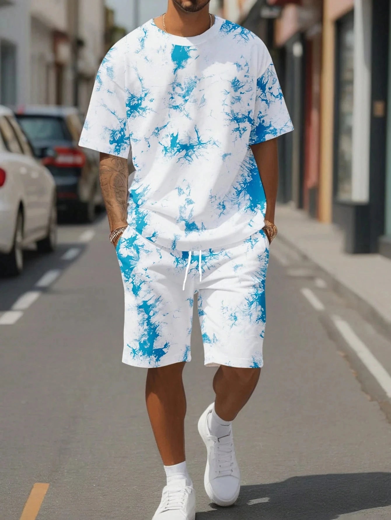 Fashion Men's Black and White Flower Graphic Print T-shirt Shorts 2-piece Set O-neck Short Sleeve Top Elastic Waist Shorts Set