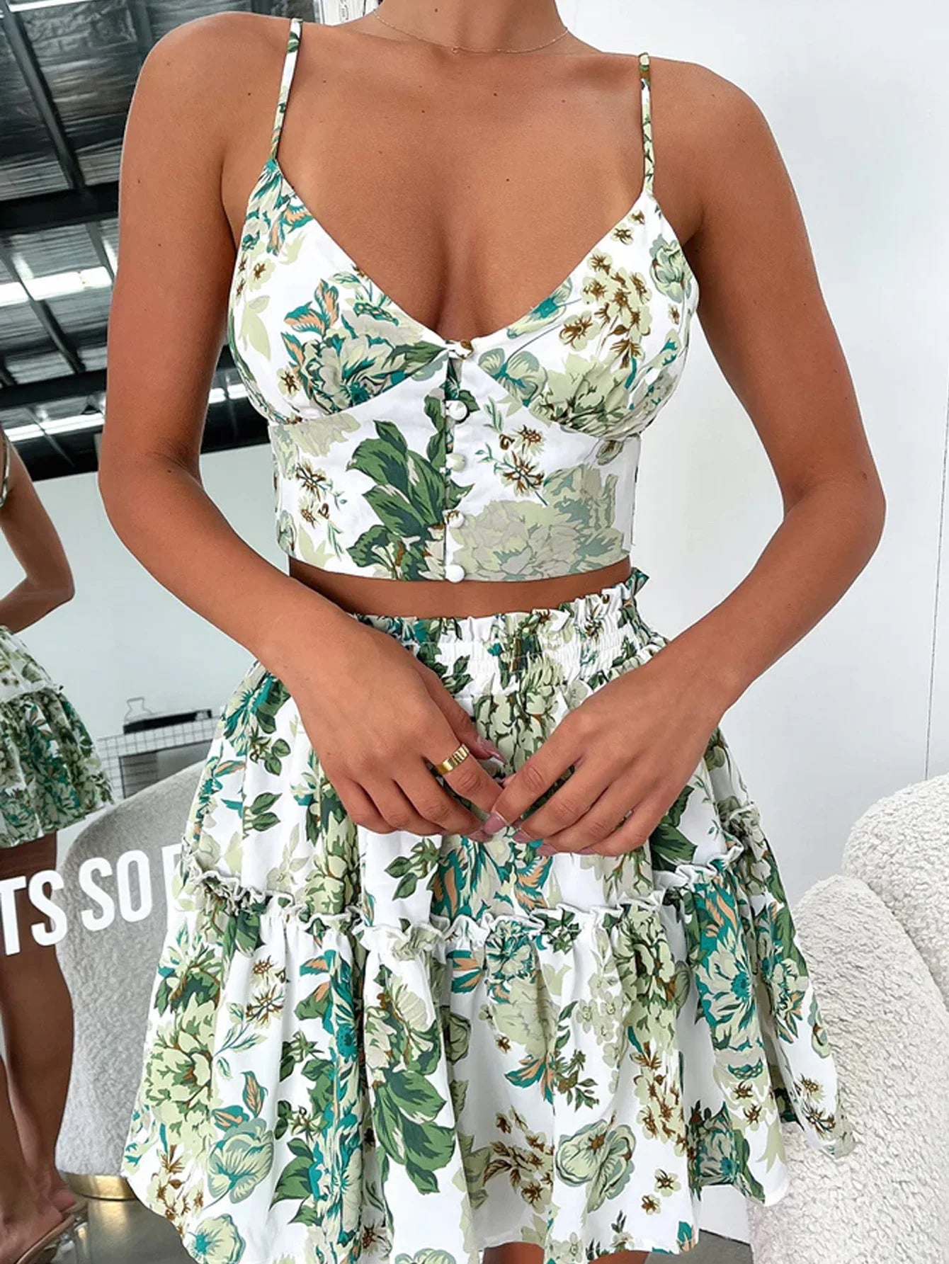 Women's Floral Cami Top And Ruffle Hem Skirt 2pcs Set，back to school，wedding guest dress women