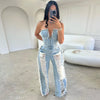 Sibybo Quaste Hollow Out Overalls für Damen Nieten Strass Trägerlos Rückenfrei Jeans Street Fashion Trend Jumpsuit Femme