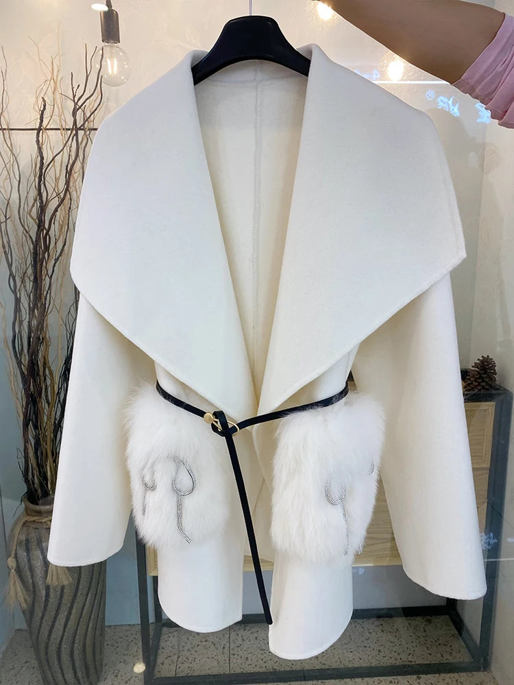 2024 New Winter Real Natural Fox Fur Pocket Coat Ladies Outwear Female Coat Cashmere Wool Woolen Women Luxury Jacket