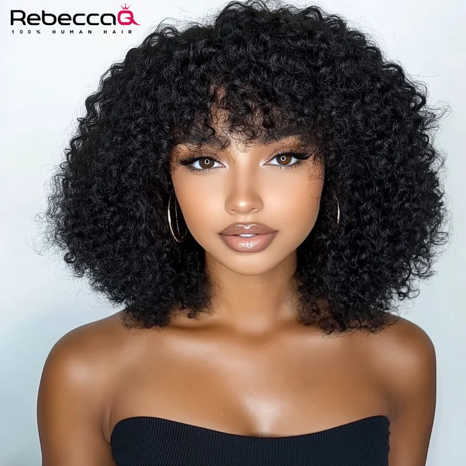 250D Braun Afro Kinky Curly Echthaarperücken mit Pony Zum Tragen Glueless Perücke Remy Brasilianische Kurze Lockige Echthaarperücke