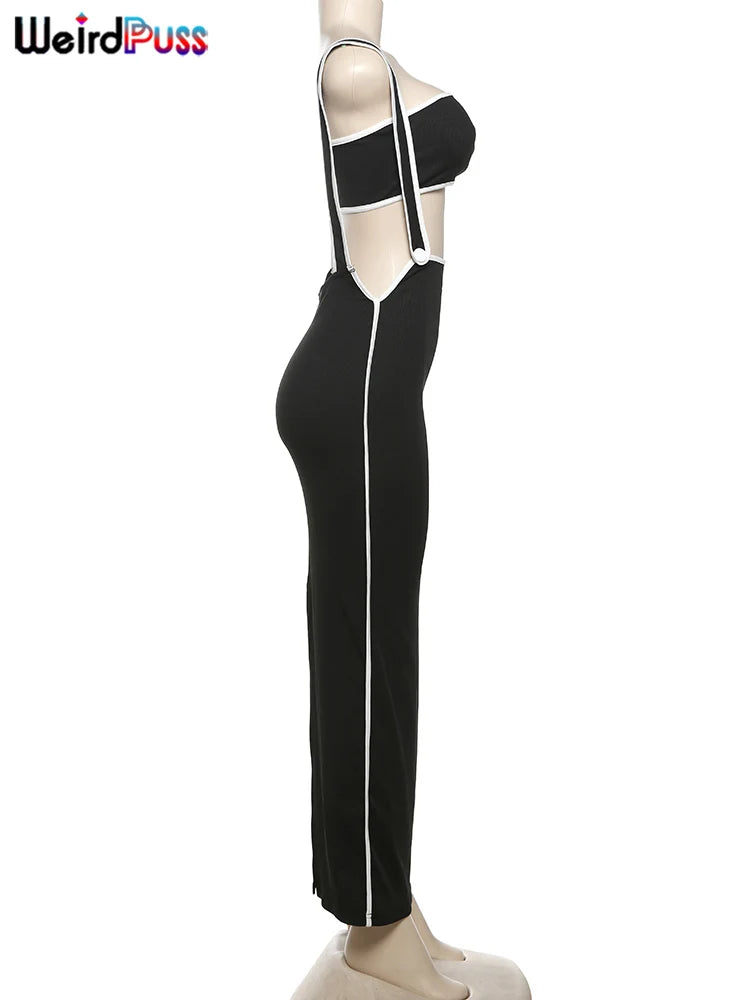 Weird Puss Summer Trend 2-teiliges Set Damen Weißer Saum Trägerloses Oberteil + Trägerkleid Elastische Streetwear-Outfits