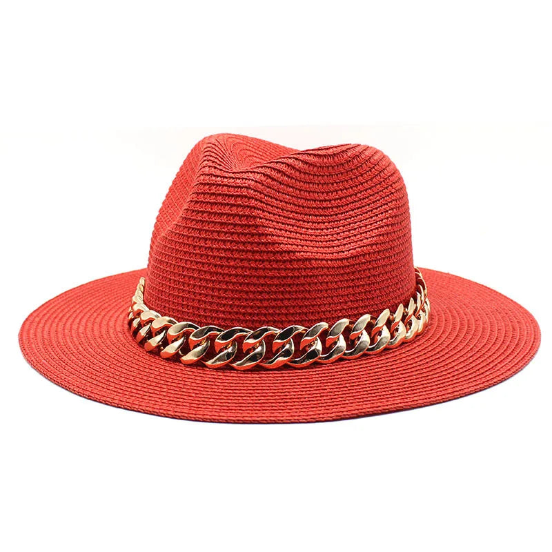 Set Straw Hat and Bag Set Gold Chain Bag Hat Set Ladies Leather Bag Tote Church Fedora Party Jazz Straw Hat