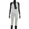Solid color neck tie, knot, exposed back, tight fitting jumpsuit, cropped pants