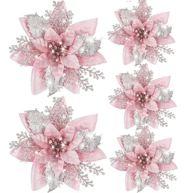 5 Stück 14,5 cm Glitzer künstliche Weihnachtsblumen fröhliche Weihnachtsbaumdekoration Neujahrsornamente gefälschte Blumen Weihnachten Natal