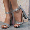 Liyke 2025 Neue Mode Glitzer Pailletten Knöchelriemen Eckige High Heels Gladiatorensandalen Damen Sommer Offene Zehen Hochzeit Ballschuhe