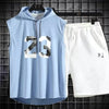 Summer New Men's Sleeveless Hooded T-shirt+shorts pants Sports two-piece set gym  Fashion  Casual Men Women Sports Two Piece Set