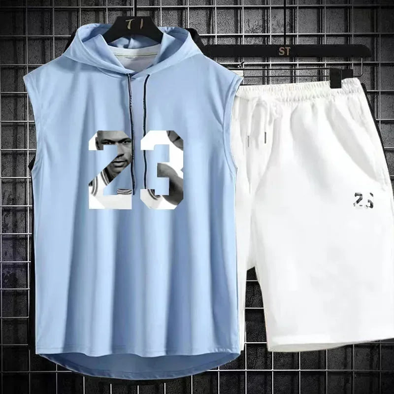 Summer New Men's Sleeveless Hooded T-shirt+shorts pants Sports two-piece set gym  Fashion  Casual Men Women Sports Two Piece Set