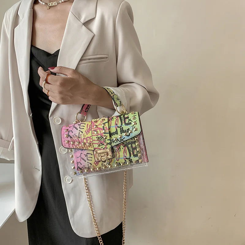 Marke Frauen Nieten Graffiti Umhängetaschen Mode Schultertasche für Damen Weibliche Luxus Designer Handtaschen 2023 Hohe Qualität