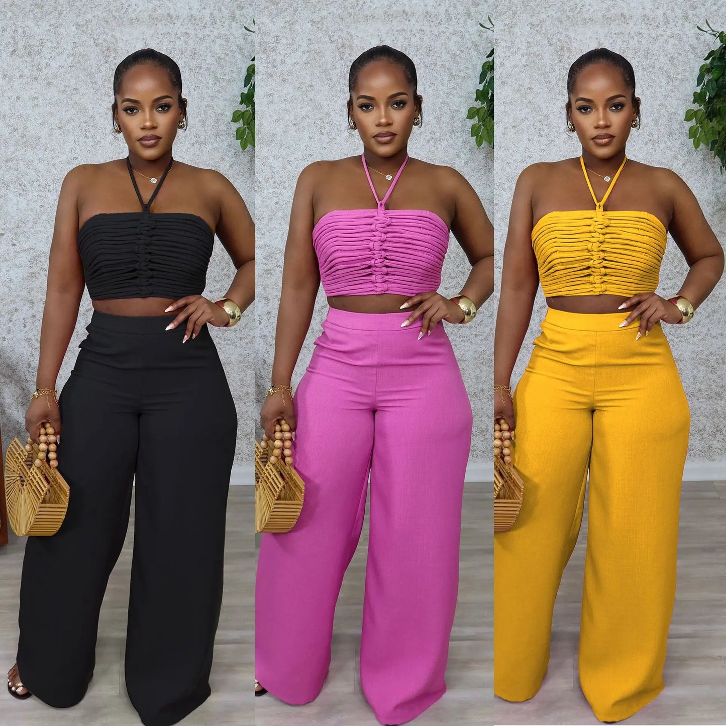 Pant Set Women Two Piece Sets Sexy Sleeveless Tops Drawstring Wide Leg Long Pants High Waist Y2k Streetwear Elegant Splice