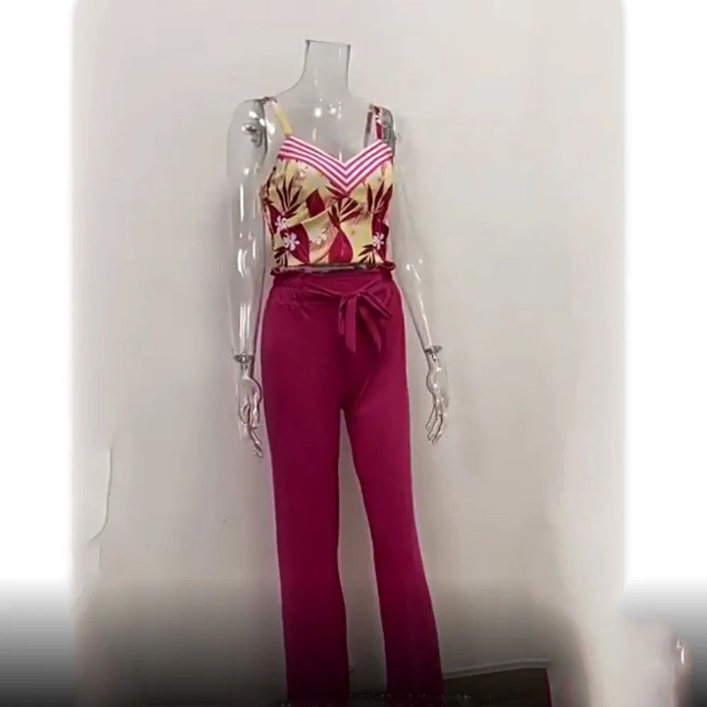 Women Fashion Print Halter V-Neck Short Tank Suit Tops Long Pants Matching Set Summer Casual Female Slim Pants Two Piece Sets