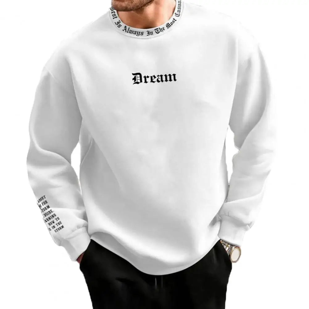 Men Fall Winter Sweatshirt Round Neck Long Sleeve Men Top Letter Print Thick Loose Warm Mid Length Men Casual Top