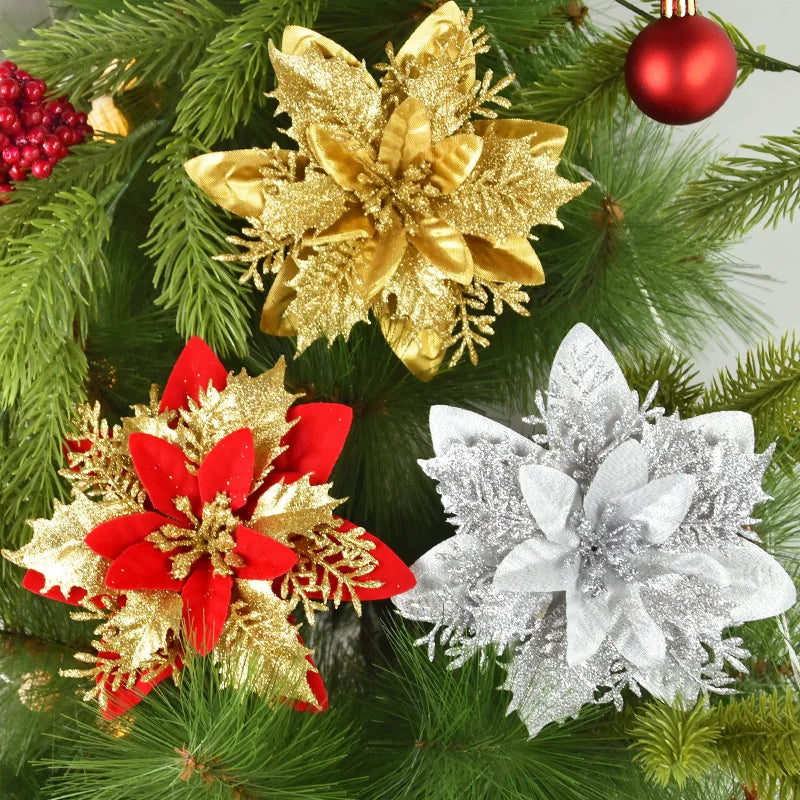 3/10Stück 14cm Weihnachtsblumen Glitzer Rot Gold Blütenkopf Weihnachtsbaumschmuck Neujahrsdekorationen für Zuhause Navidad Noel Geschenke