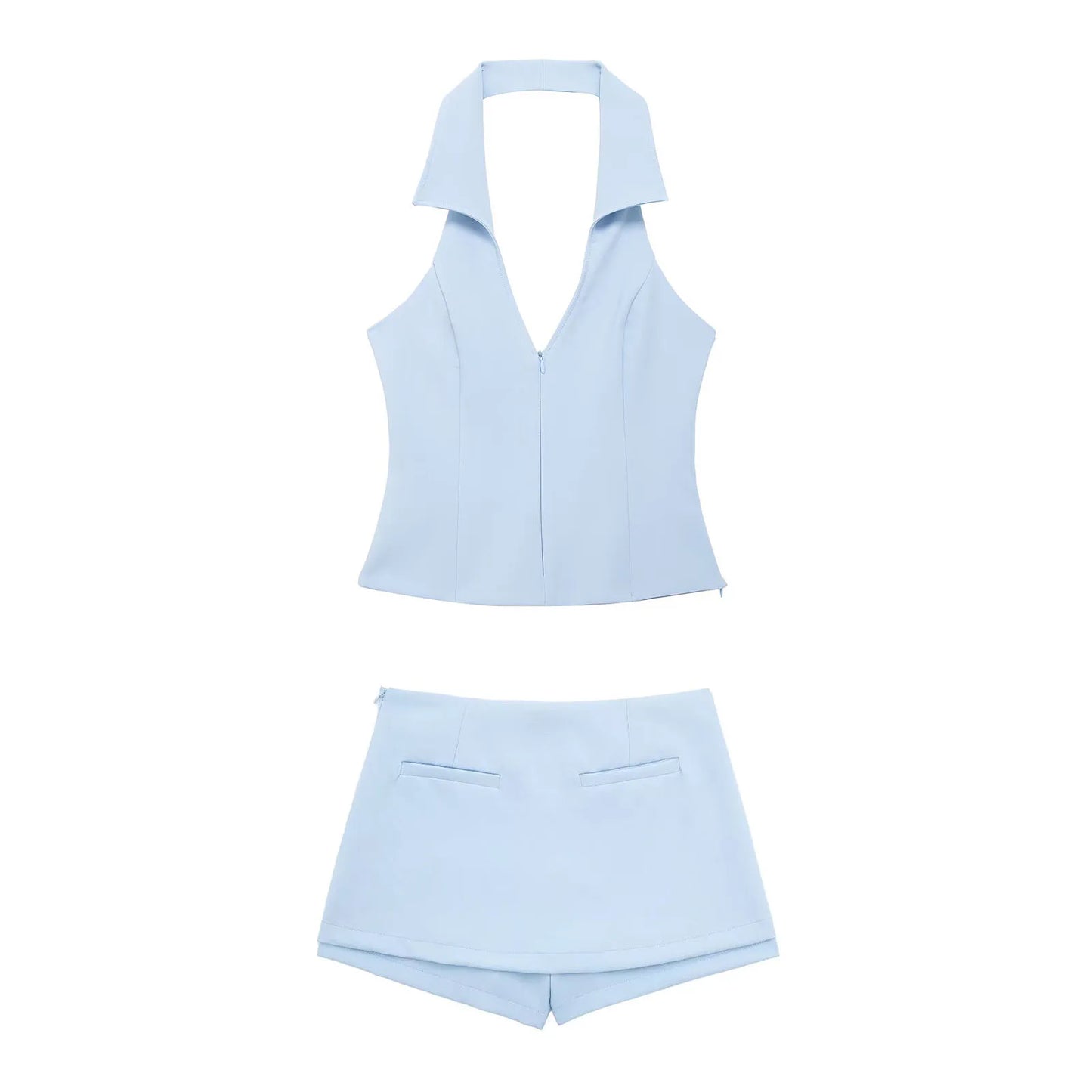HH Women Pink 2 Piece Set Sexy V-Neck Sleeveless Backless Suspender Zipper Top+High Waist Back Pocket Mini Skirts Shorts Y2K