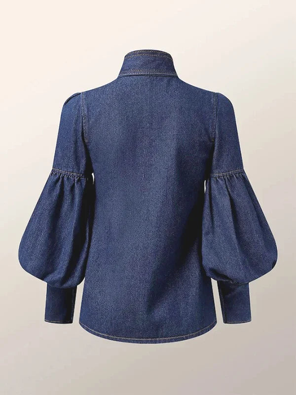 Gymystars Neue Trendige Imitation Jeans Blusenoberteile für Damen, lange Puffärmel, Schleifenverzierung, hoher Hals, Damen Herbsthemden