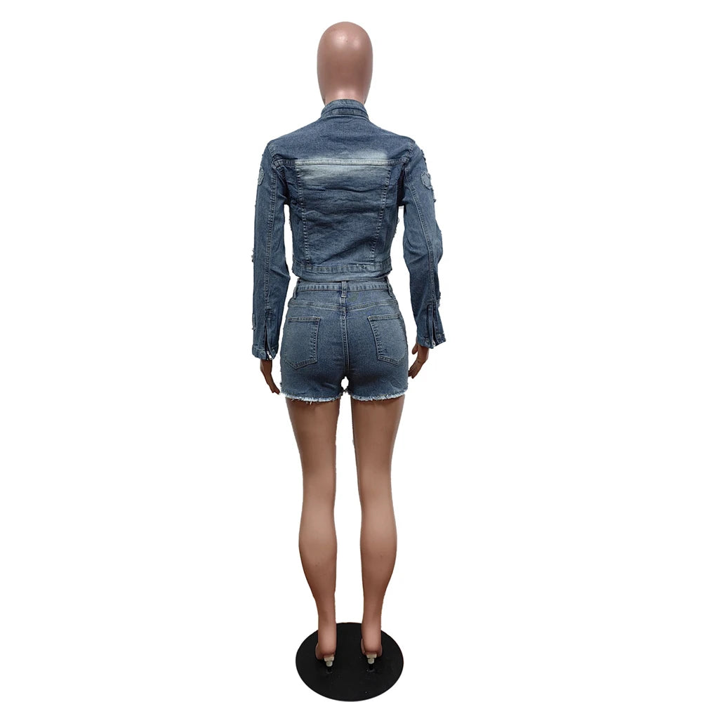 FAGADOER Fashion Denim Embroidery Shorts Two Piece Sets Women Zipper Long Sleeve Coat And Shorts Outfits Female Cowboy 2pcs Suit