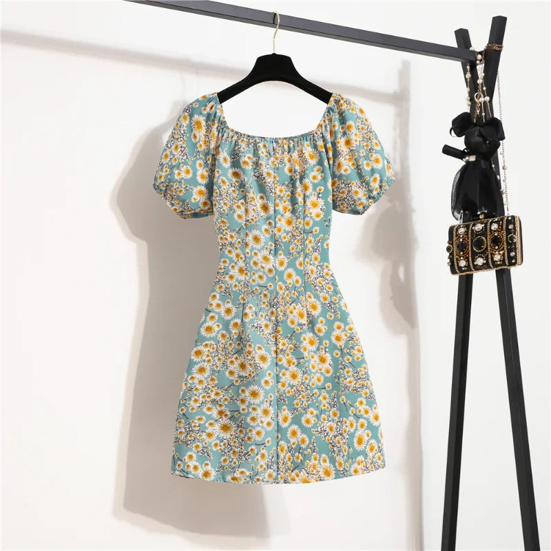 Damen Minikleider Sommer Mode Damenkleider Bedruckte Chiffonkleider mit Blumenmuster, gerafft, plissiert, kurze Puffärmel, Freizeitkleid