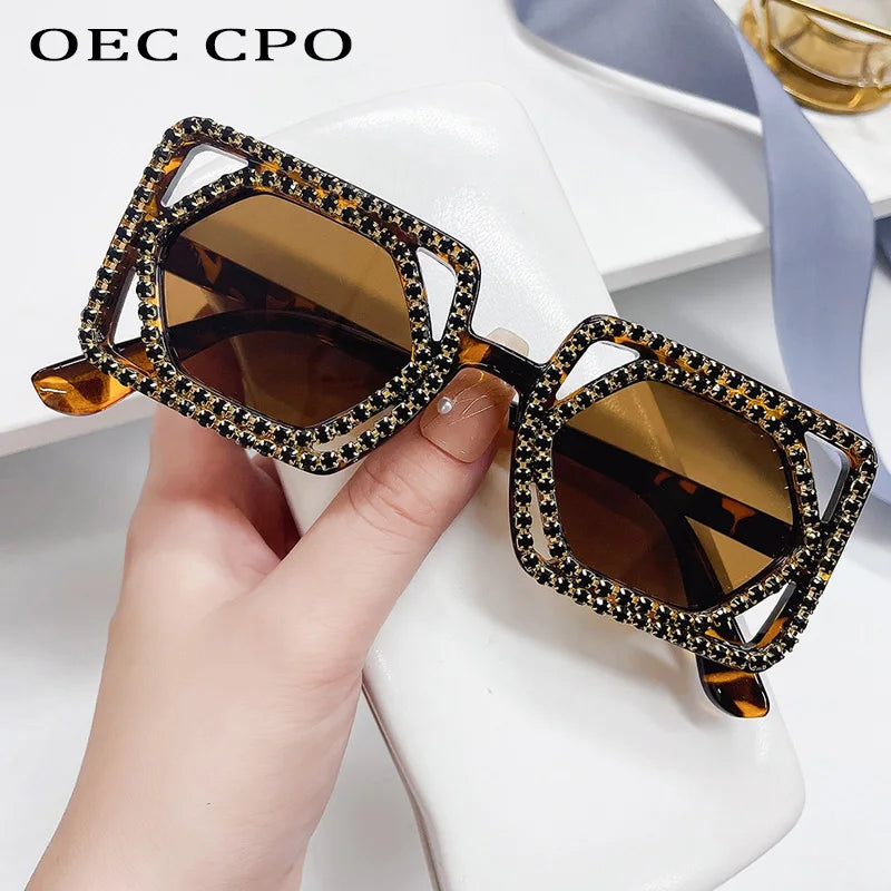 Quadratische Luxus Diamanten Sonnenbrille Damen Punk Mode Strass Sonnenbrille Weiblich Glänzend Sexy Gelbe Linse Brille Schatten Handgemacht
