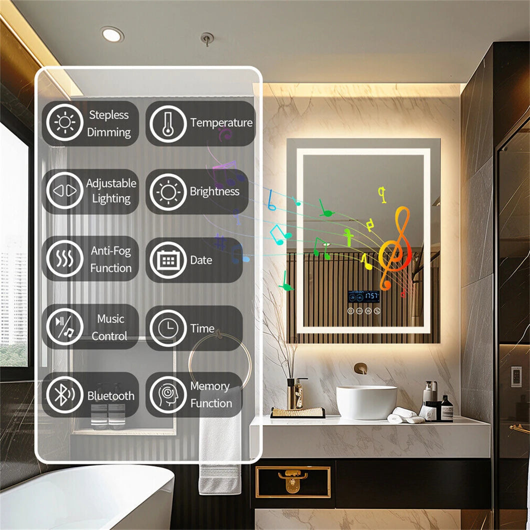 Intelligenter LED-Badezimmerspiegel, rechteckiger Wandspiegel mit Bluetooth-Lautsprecher, Uhrzeit, Temperatur, Lichtspeicher, Front- und Hintergrundbeleuchtung, Antibeschlag