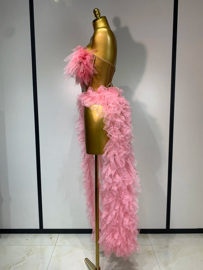 Damen Sexy Trägerloses Rüschen Zweiteiliges Set Bodycon Langes Kleid Hoher Schlitz Mode Nachtclub Party Geburtstag Sänger Bühnenoutfit