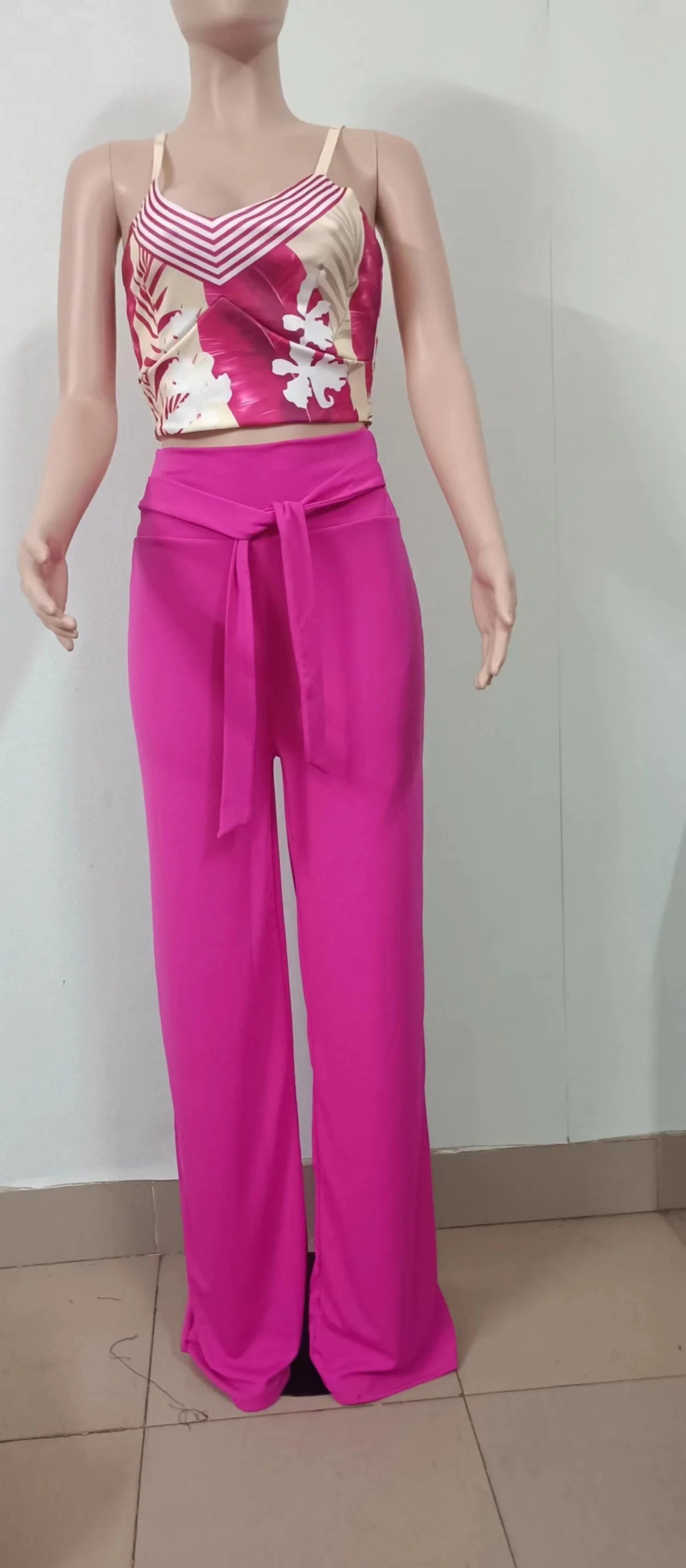 Women Fashion Print Halter V-Neck Short Tank Suit Tops Long Pants Matching Set Summer Casual Female Slim Pants Two Piece Sets