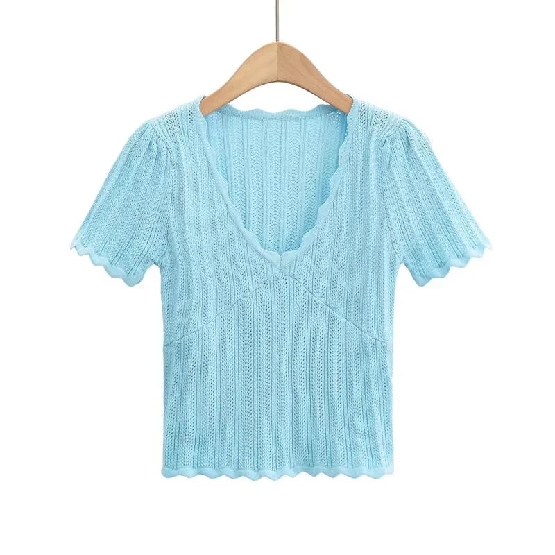 Damen V-Ausschnitt gestricktes Häkel-T-Shirt mit