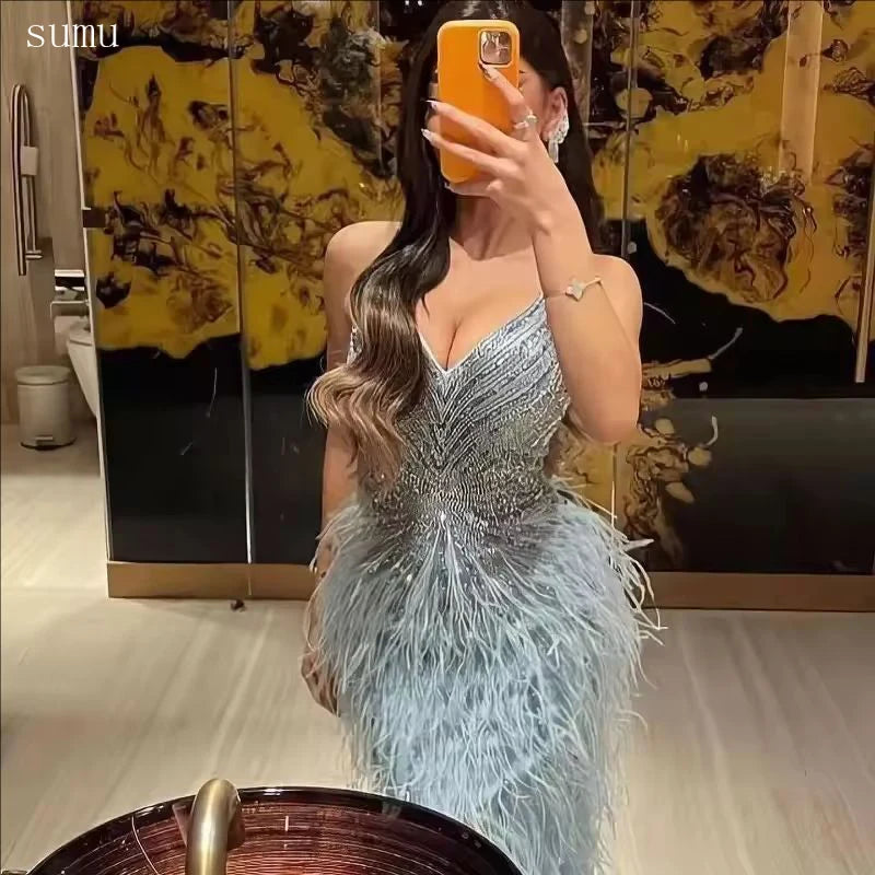 Moonlit Customized Serene Hill Beige Spaghetti Strap Split Feathers Beaded Formal Mermaid Evening Dresses